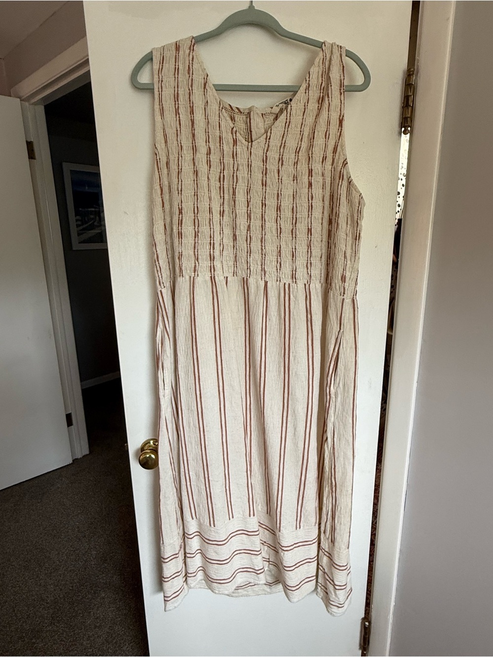 Fat Face Cream Dress with Rust Stripes
